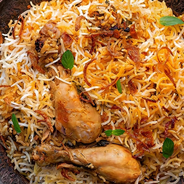 Close-up of chicken biryani with long-grain rice, fried onions, and fresh mint leaves.