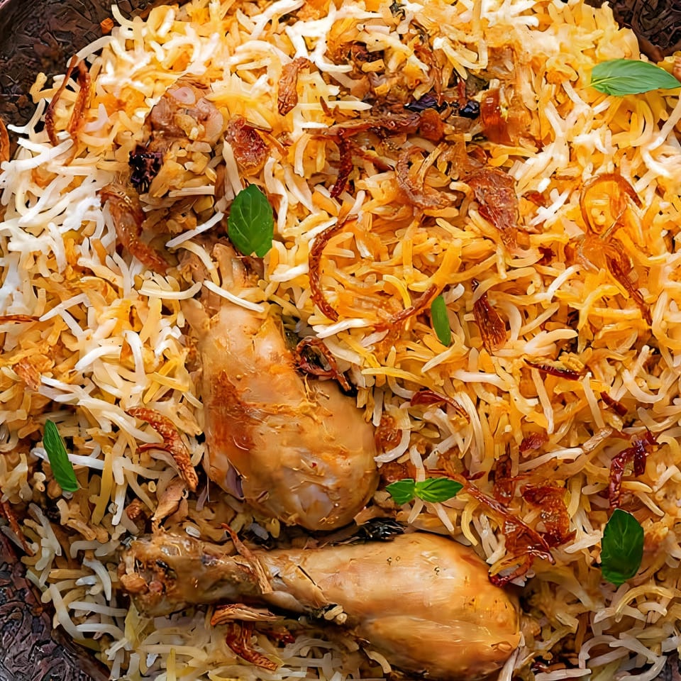 Close-up of chicken biryani with long-grain rice, fried onions, and fresh mint leaves.
